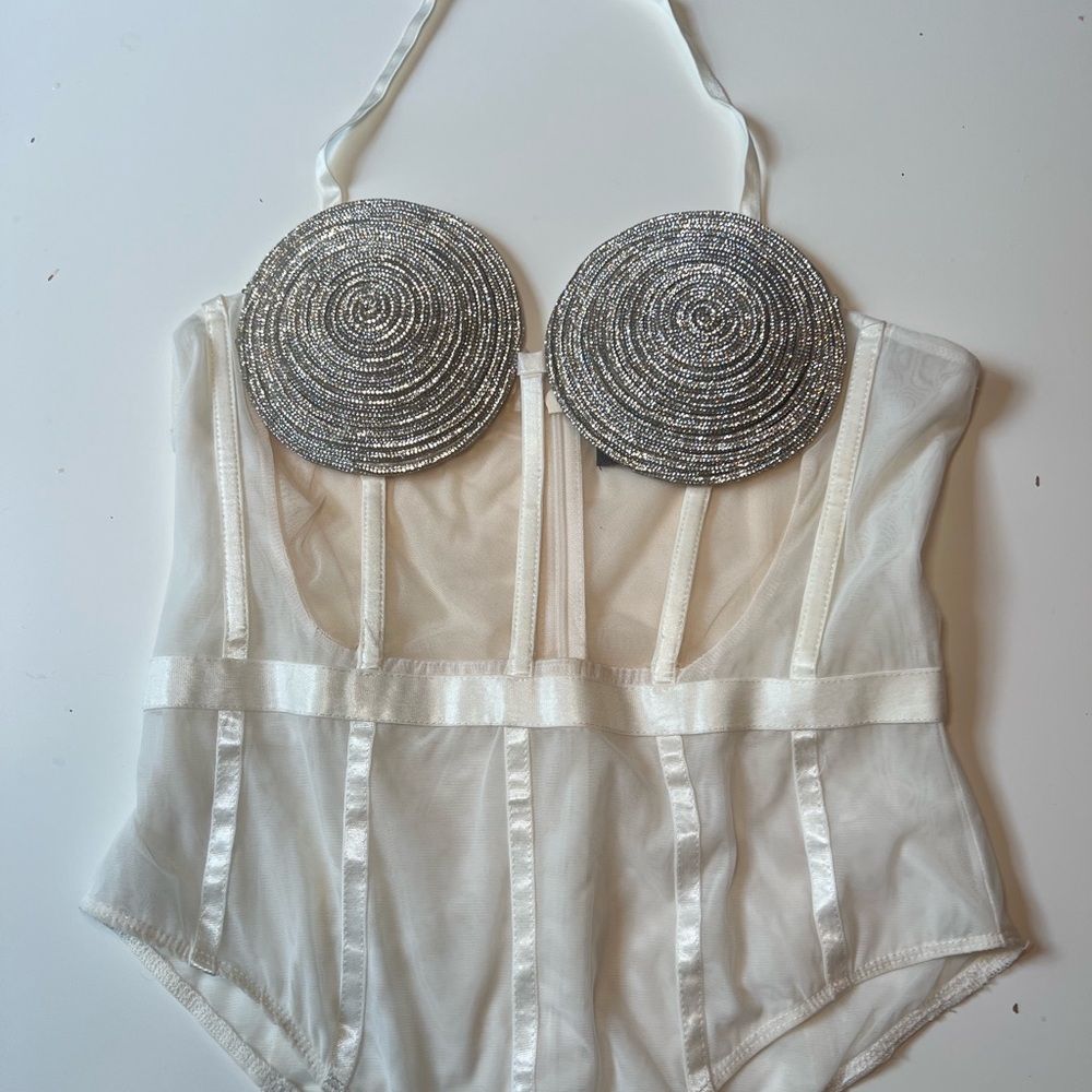 Akira White/Sheer Rhinestone Bodysuit